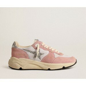 Golden Goose Running Sole In Gray Mesh And Suede With Silver Glitter Star