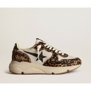 Golden Goose Running Sole Sneakers In Cream-colored Mesh With Leopard-print Pony Skin Inserts And Black Leather Star