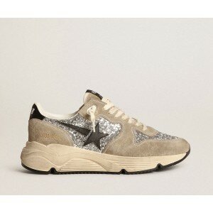 Golden Goose Running Sole Sneakers In Silver Glitter And Dove-gray Suede With Black Leather Star