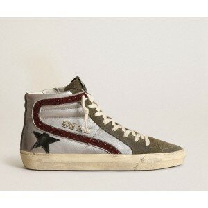 Golden Goose Silver Slide With A Black Leather Star And Glitter Flash
