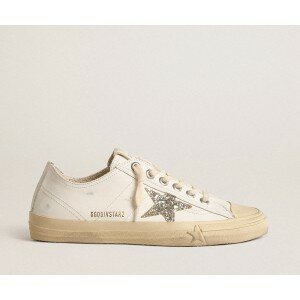 Golden Goose V-Star In White Leather With A Platinum Glitter Star